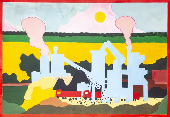 Mikołaj Starowieyski Zakłady produkcji mas bitumicznych 2023 technika mieszana na płótnie 110 x 160 cm sygn small