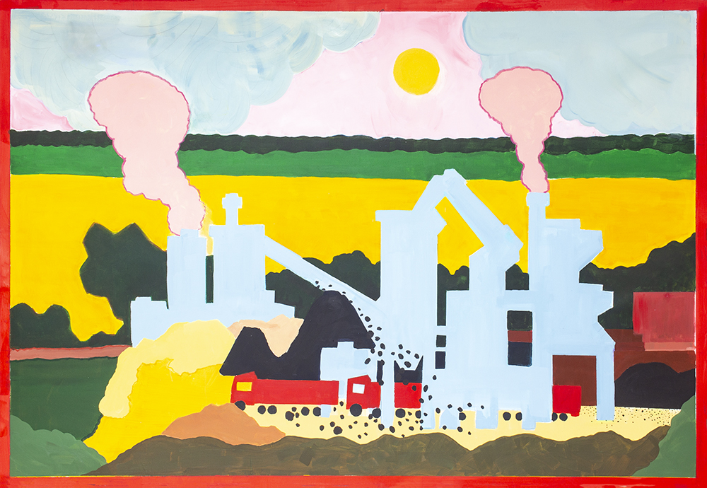 Mikołaj Starowieyski Zakłady produkcji mas bitumicznych 2023 technika mieszana na płótnie 110 x 160 cm sygn small